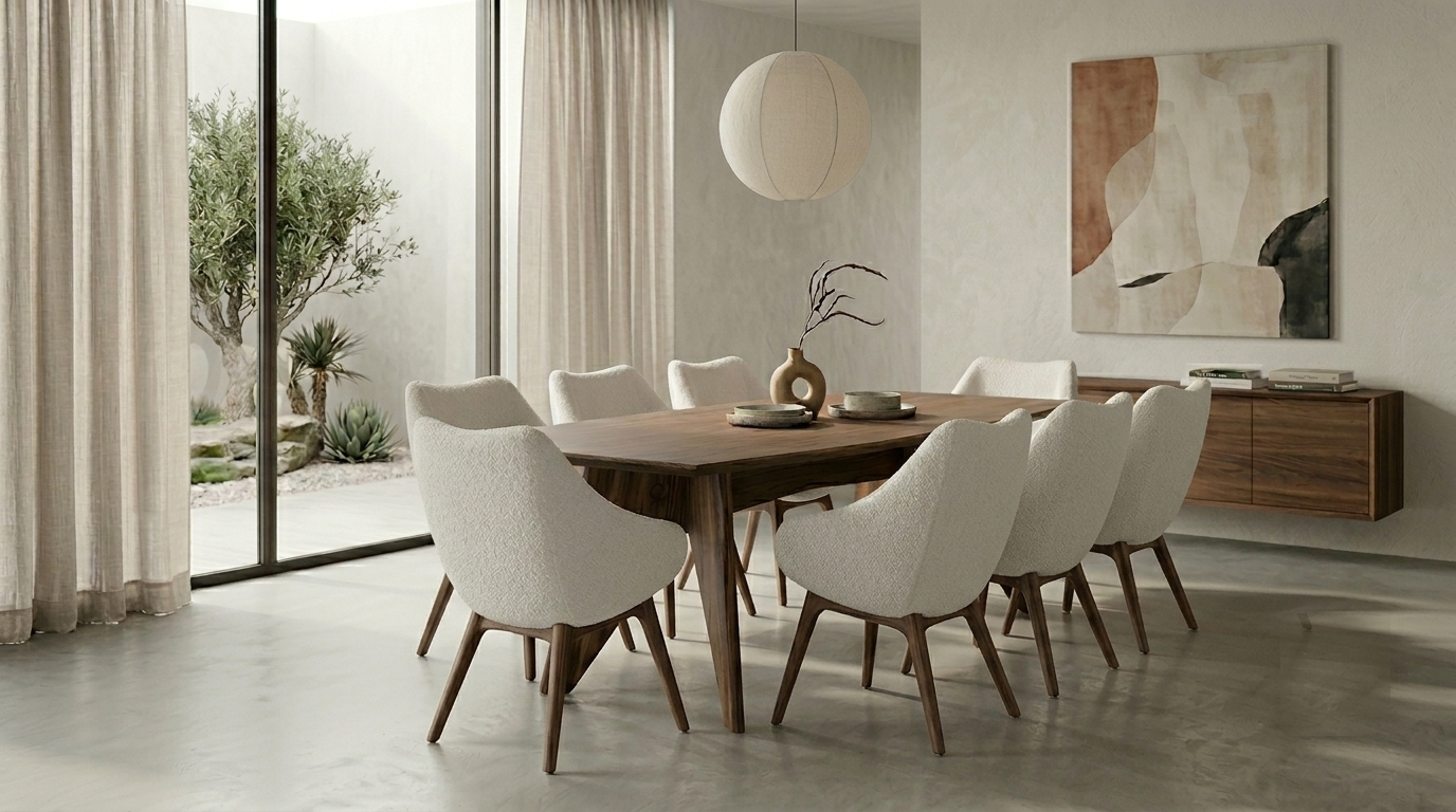 Monvora interieur — eetkamer met houten tafel en gestoffeerde stoelen